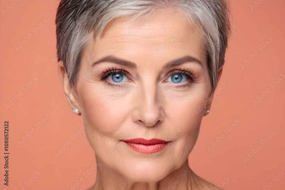 Close-up portrait of a beautiful mature woman with short hair and blue eyes, studio shot Close-up portrait of a beautiful mature woman with short hair and blue eyes, studio shot