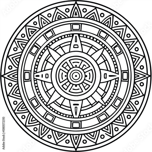 Aztec calendar outline vector illustration on White Background.