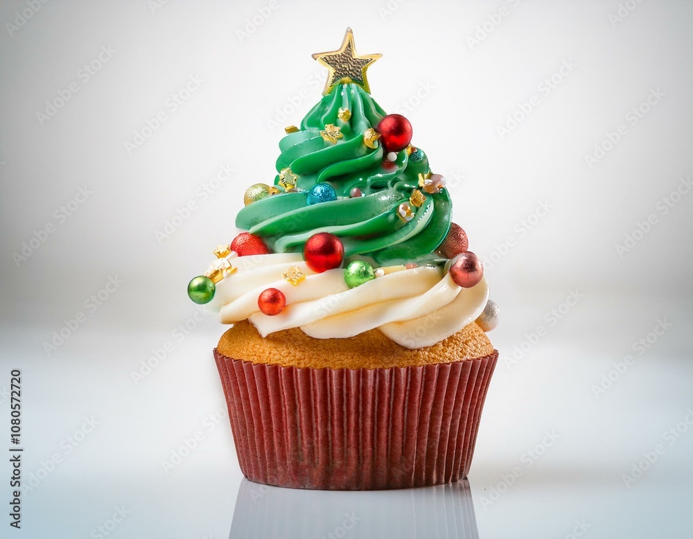 Conceito criativo de sobremesa, cupcake com decoração natalina de árvore de natal decorada com bolinhas coloridas Conceito criativo de sobremesa, cupcake com decoração natalina de árvore de natal decorada com bolinhas coloridas
