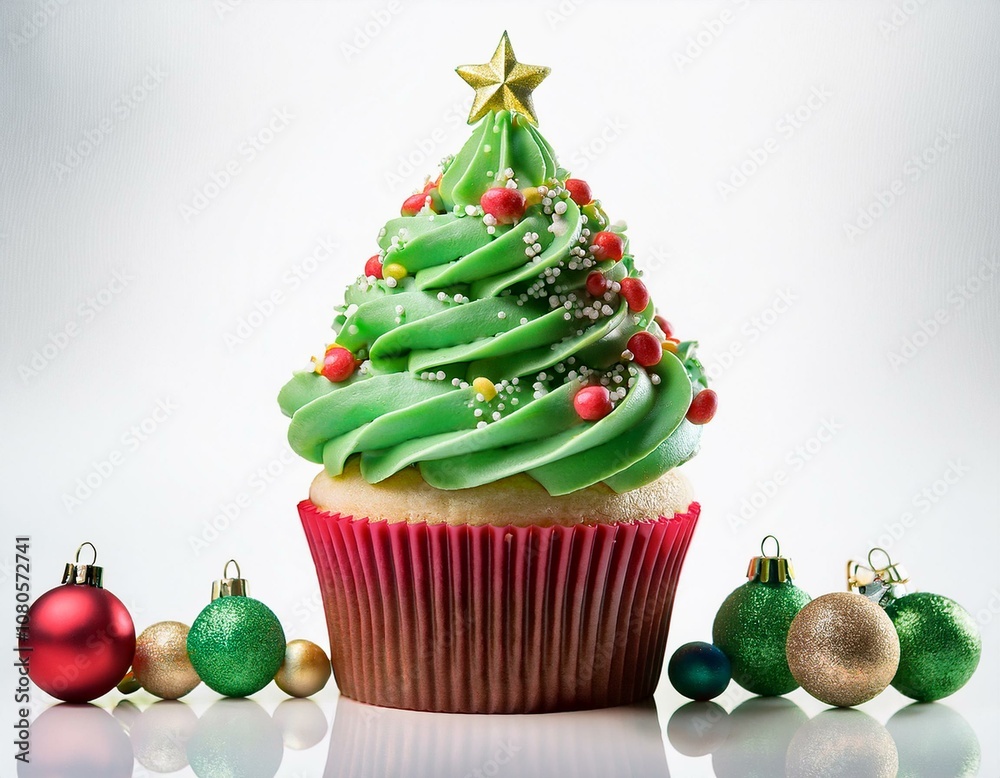 Conceito criativo de sobremesa, cupcake com decoração natalina de árvore de natal decorada com bolinhas coloridas Conceito criativo de sobremesa, cupcake com decoração natalina de árvore de natal decorada com bolinhas coloridas