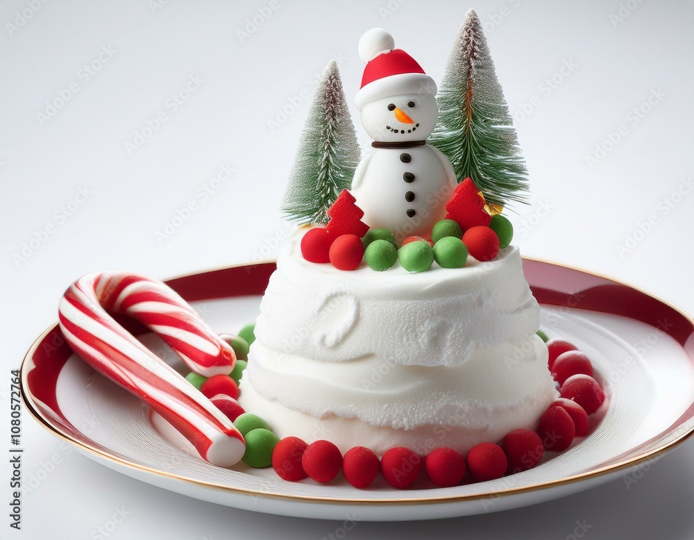 Conceito criativo de sobremesa com decoração natalina de boneco de neve, árvore de natal, bengala de açúcar e bolinhas coloridas Conceito criativo de sobremesa com decoração natalina de boneco de neve, árvore de natal, bengala de açúcar e bolinhas coloridas