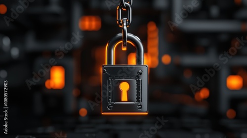 A close-up of a padlock with a glowing orange keyhole, symbolizing security and protection in the digital age. photo