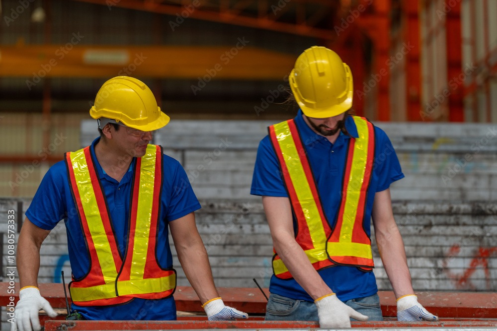 Two construction workers in reflective safety vests and helmets engage in conversation at industrial site. Both wear ear protection, emphasizing a noisy environment, with metal beams in the background Two construction workers in reflective safety vests and helmets engage in conversation at industrial site. Both wear ear protection, emphasizing a noisy environment, with metal beams in the background