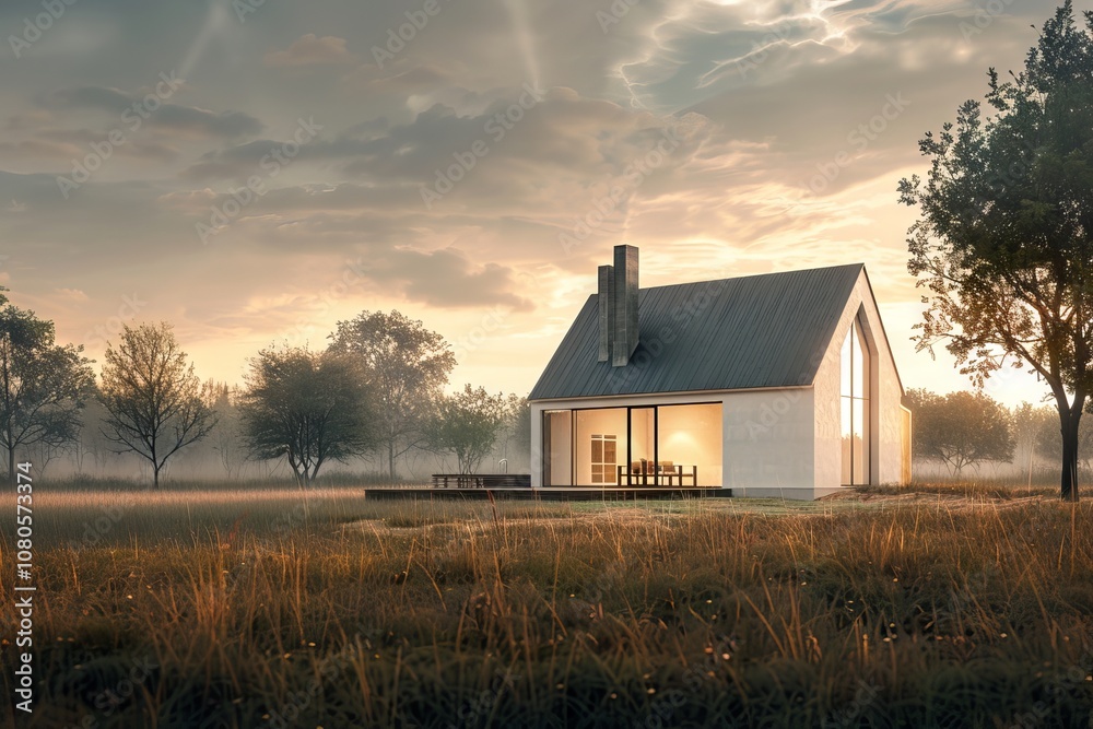 Fototapeta premium A modern minimalist house set in a tranquil countryside landscape at sunset, featuring dramatic skies and lush greenery.