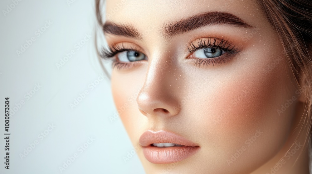 Stunning close-up of a young woman showcasing flawless skin and captivating blue eyes in soft, natural light indoors