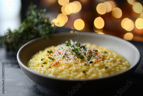 A bowl of creamy risotto, saffron strands, tender Arborio rice, Parmesan cheese, fresh herbs, soft ambient lighting, in an elegant Italian restaurant