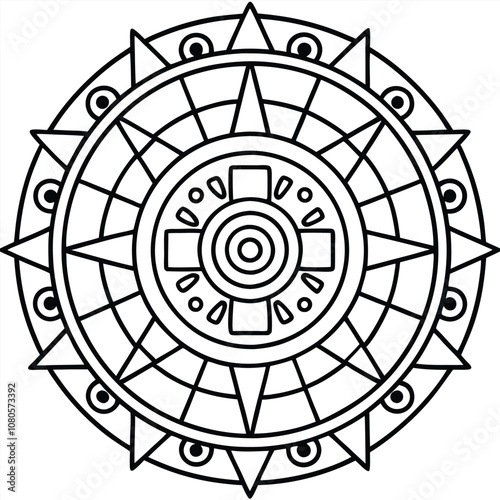 Aztec calendar outline vector illustration on White Background.