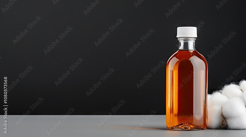 Cotton oil bottle showcases its golden hue beside fresh white wool against a striking black background in a captivating still life Cotton oil bottle showcases its golden hue beside fresh white wool against a striking black background in a captivating still life