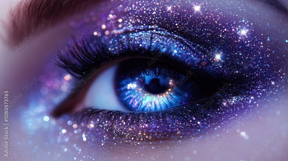 A close-up view of a stunning eye adorned with cosmic glitter sparkles reflecting a galaxy of colors in a dark setting A close-up view of a stunning eye adorned with cosmic glitter sparkles reflecting a galaxy of colors in a dark setting
