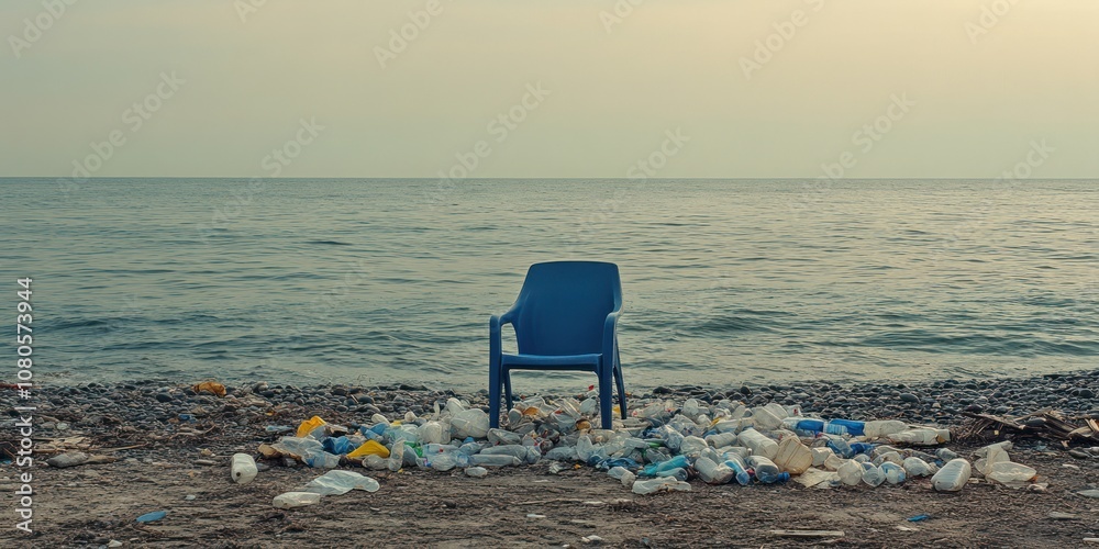 A blue chair sits among plastic waste on a beach, highlighting environmental pollution. A blue chair sits among plastic waste on a beach, highlighting environmental pollution.