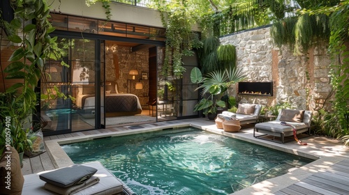 Urban Sanctuary Garden Oasis with Plunge Pool and Cozy Fireplace Generative AI photo