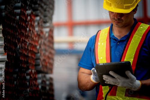 A construction worker in a yellow helmet and reflective vest inspects stacks of metal pipes in a warehouse. The close up emphasizes focus, precision, and the meticulous nature of industrial tasks.