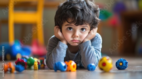Child playing with toys on the floor indoor environment emotional expression engaging atmosphere captivating viewpoint for family life