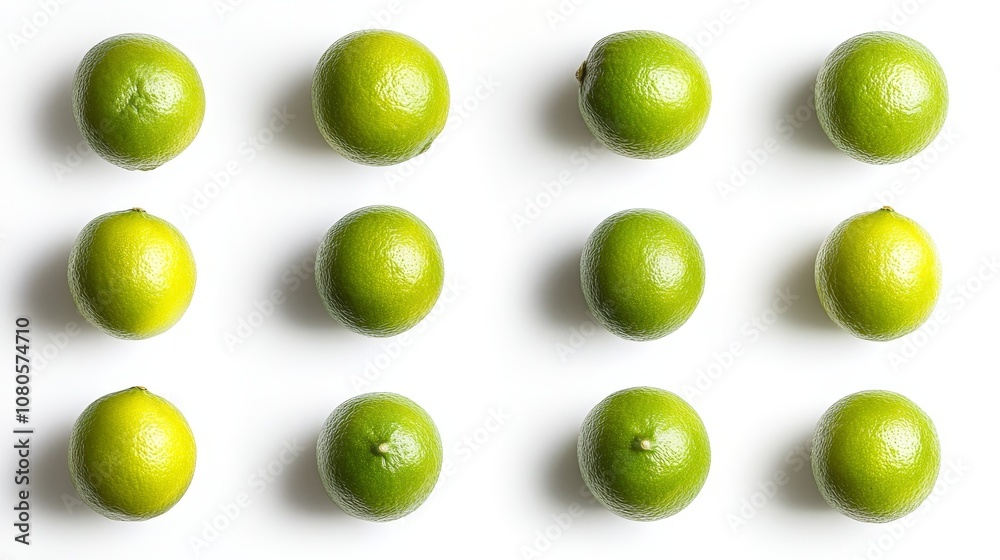 Fresh Green Limes Arranged Artistically on White Background, Highlighting Their Texture, Color, and Natural Beauty for Culinary or Beverage Use in Stock Photography Fresh Green Limes Arranged Artistically on White Background, Highlighting Their Texture, Color, and Natural Beauty for Culinary or Beverage Use in Stock Photography
