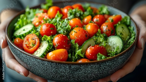 A person is holding a bowl of salad with tomatoes, cucumbers, and lettuce. The salad is colorful and fresh, and it looks like a healthy meal