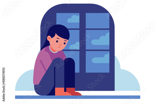 a sad person sitting in front of a window, a storybook illustration