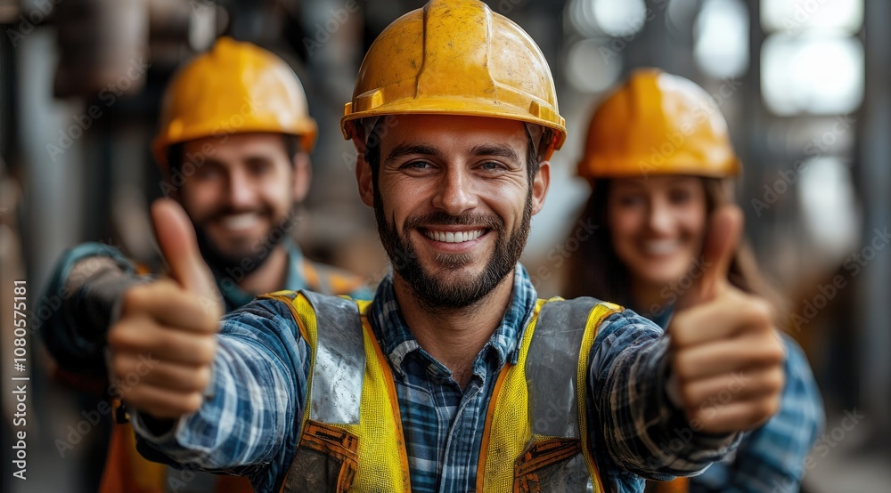 Three construction workers in hard hats give thumbs up in a factory.