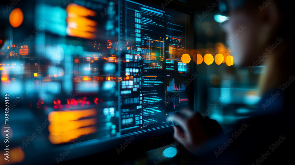 A person interacting with digital interface displaying data analytics and visualizations, showcasing technology and innovation in modern workspace. vibrant colors and glowing elements create dynamic a