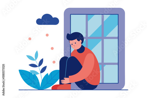 a sad person sitting in front of a window, a storybook illustration