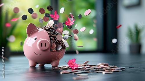 A playful piggy bank spills colorful coins and confetti, symbolizing savings, celebration, and financial joy in a vibrant indoor setting. photo