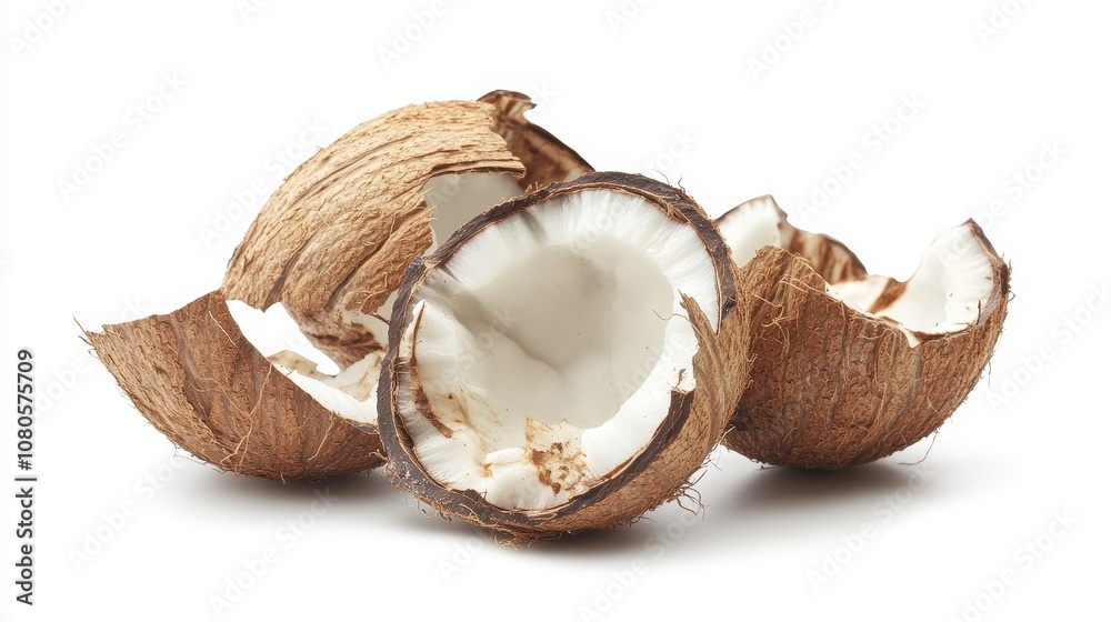 Natural Brown Coconut Shells with White Flesh Exposed on a White Background, Organic Surfaces Showcasing Texture and Rustic Appearance for Culinary or Decorative Use Natural Brown Coconut Shells with White Flesh Exposed on a White Background, Organic Surfaces Showcasing Texture and Rustic Appearance for Culinary or Decorative Use