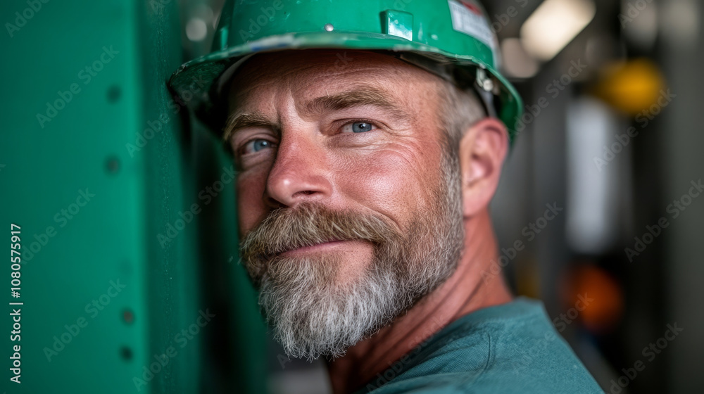 Fototapeta premium A smiling man with beard wearing green hard hat, standing near green wall. His expression conveys confidence and warmth, reflecting hardworking environment