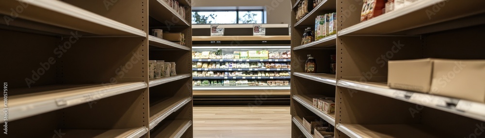 A view of empty supermarket shelves with stocked items in the background.