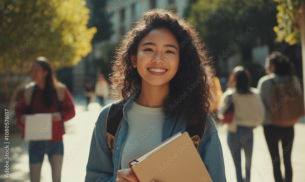 Fototapeta premium Smiling college student with backpack enjoying sunny day outside modern university building. Confident young woman in casual attire standing in campus courtyard with joyful expression