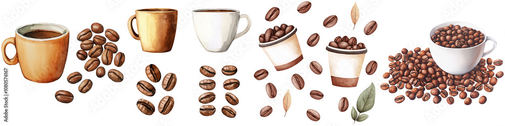 Fototapeta premium Coffee lover and beans addict, A collection of coffee cups displayed alongside scattered coffee beans, showcasing different styles and types of coffee.
