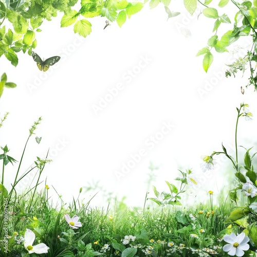 A white background with a green field with flowers and grass. A butterfly is flying in the background