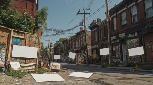 Urban scene featuring abandoned buildings and graffiti, with blank canvases for art. photo