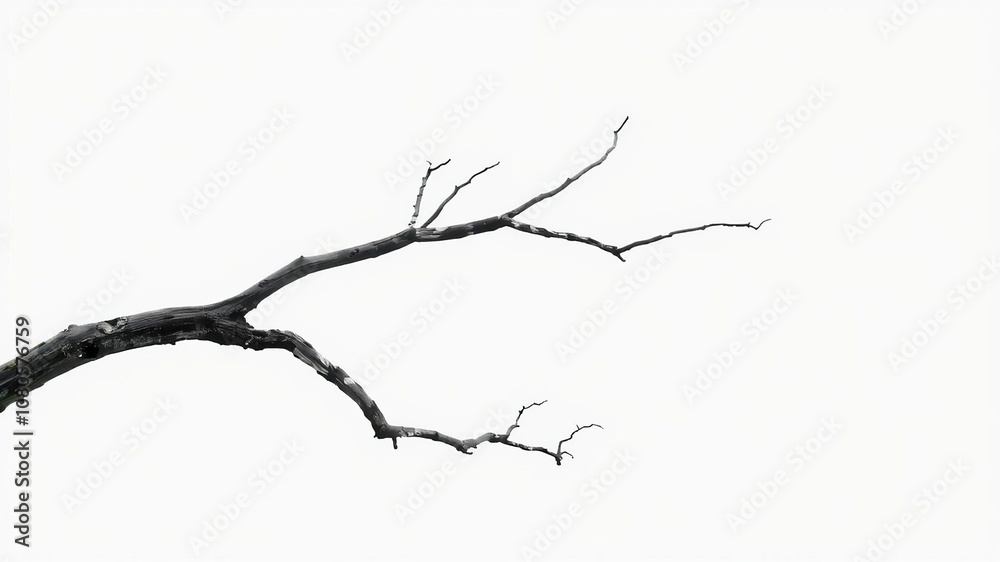 Fototapeta premium A dead tree branch isolated against a stark white background, with a sense of abandonment and neglect, skeletal remains, white background