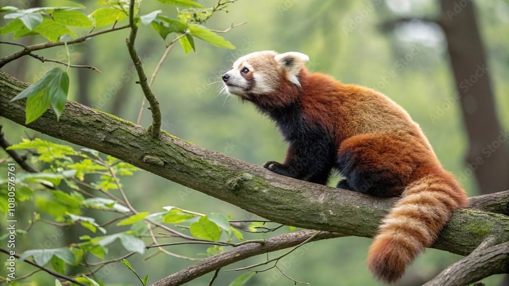 Fototapeta premium adorable red panda sitting on a tree branch, small mammal, furry friend, cute