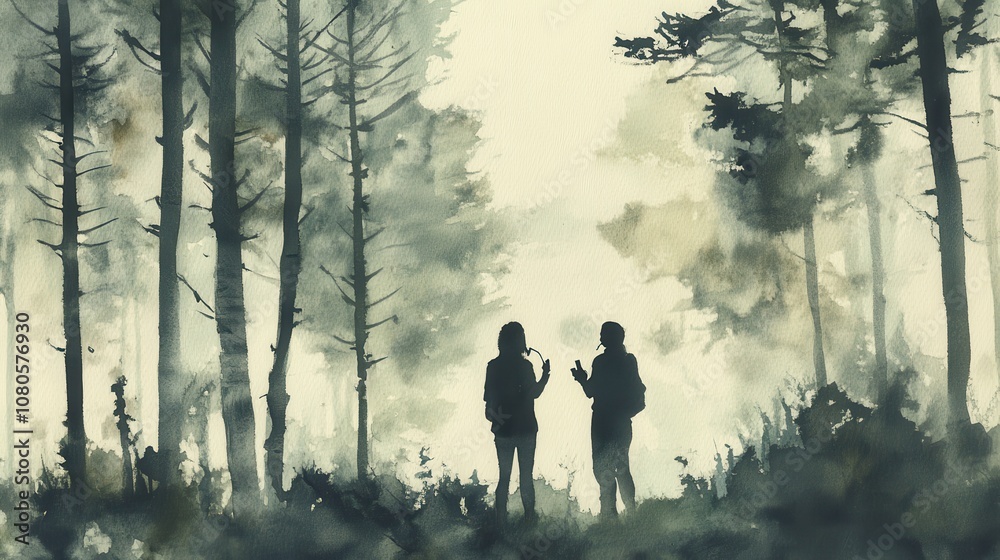 Exploring nature together two hikers communing in a misty forest watercolor painting serene environment artistic viewpoint Exploring nature together two hikers communing in a misty forest watercolor painting serene environment artistic viewpoint