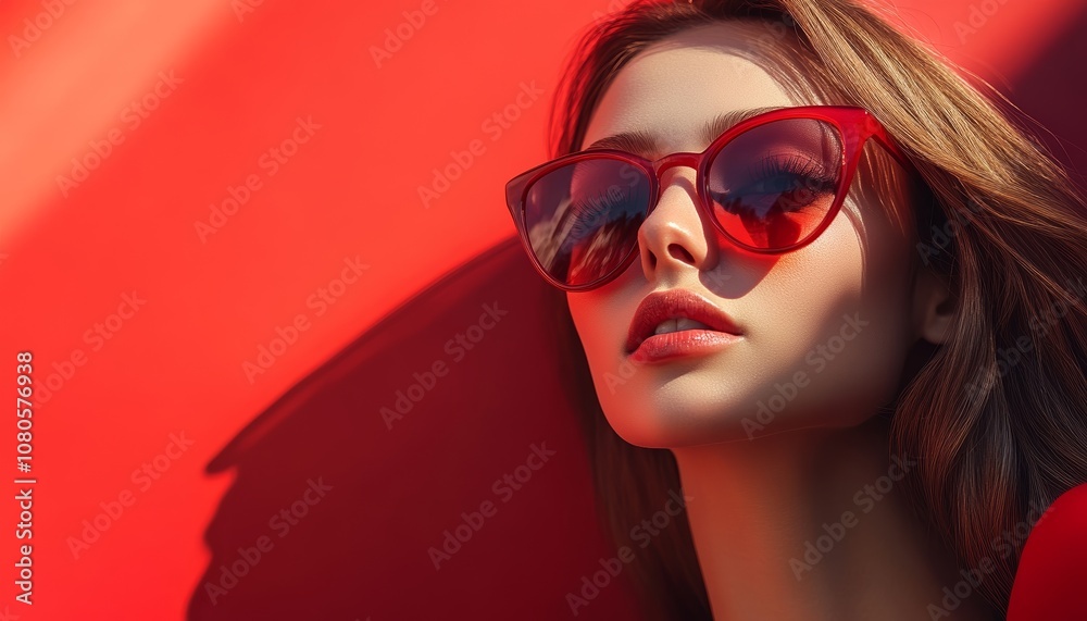 Stylish Woman in Red Sunglasses with Red Lips Posing on Pink Background Stylish Woman in Red Sunglasses with Red Lips Posing on Pink Background
