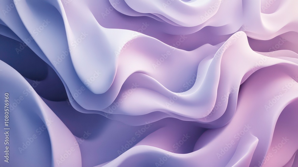 Obraz premium Abstract 3D rendering of soft, flowing waves in pastel purple and blue shades.
