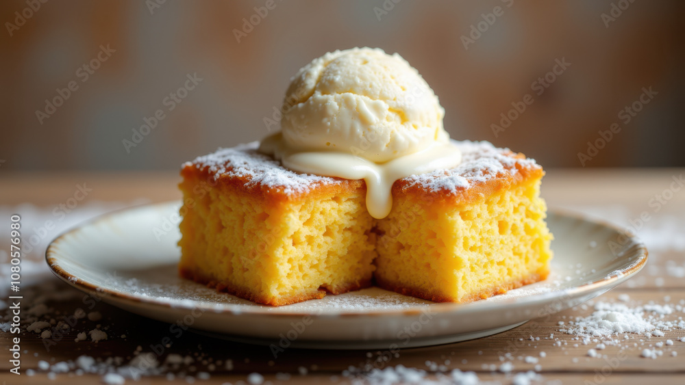 A plate with a delicious looking piece of Kunafa topped with ice cream and sprinkled with powdered sugar. A plate with a delicious looking piece of Kunafa topped with ice cream and sprinkled with powdered sugar.