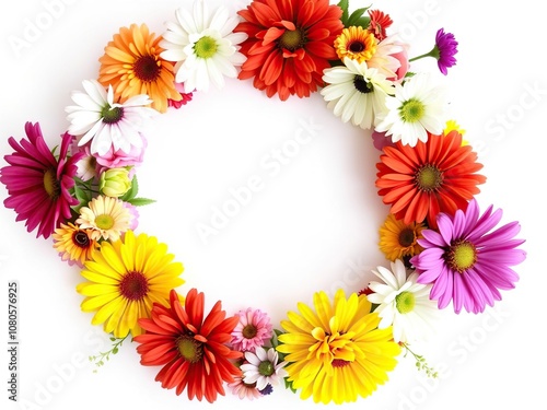 Colorful Floral Wreath on White Background, playful pattern, natural beauty, floral motif