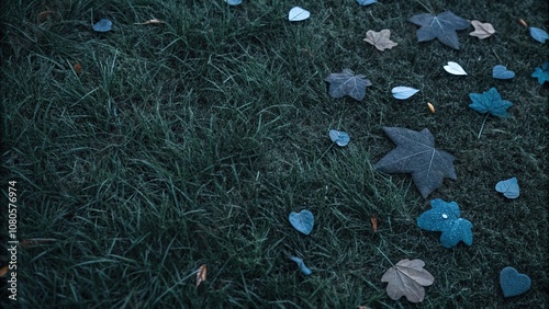 Dark textured grass background with scattered abstract shapes in shades of dark grey and blue, isolation, melancholic, texture, introspective, solitude photo