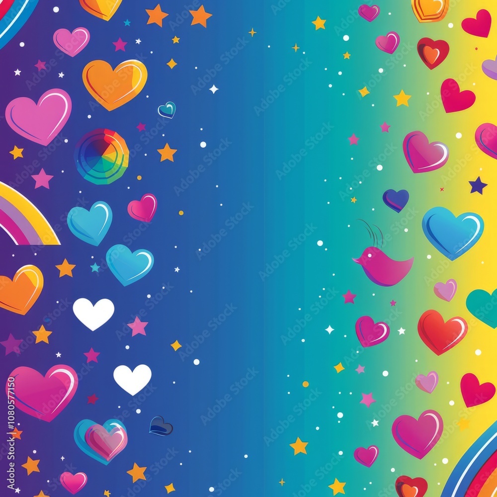 Bright and cheerful pride-themed background featuring hearts, stars, and rainbow elements on a vibrant gradient. Bright and cheerful pride-themed background featuring hearts, stars, and rainbow elements on a vibrant gradient.