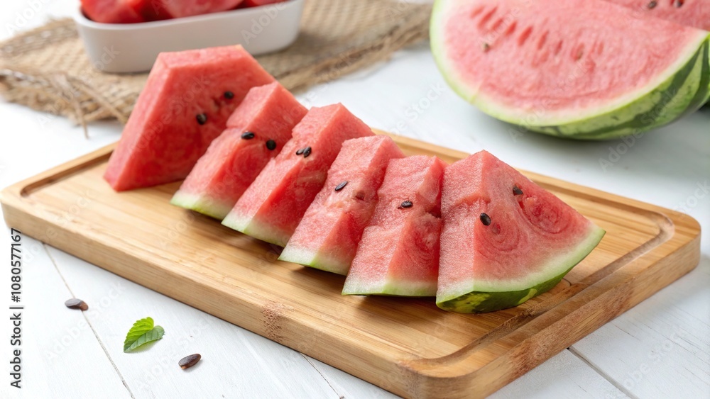 Fresh watermelon chunks arranged on a wooden cutting board, herb, natural Fresh watermelon chunks arranged on a wooden cutting board, herb, natural