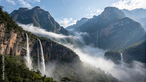 Misty mountain range with fog and waterfalls, mist, stream, scenery, waterfall, fog