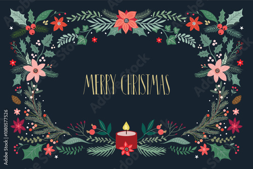 Merry Christmas greeting card, poster, banner, invitation, elegant seasonal design, winter specific flowers and plants
