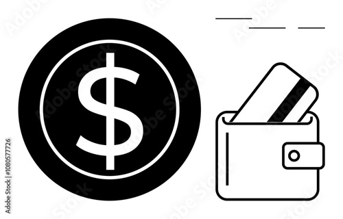 Dollar sign inside a circle next to a wallet holding a credit card. Ideal for finance, digital payments, banking services, e-commerce, financial planning, personal finance, and budgeting. Line