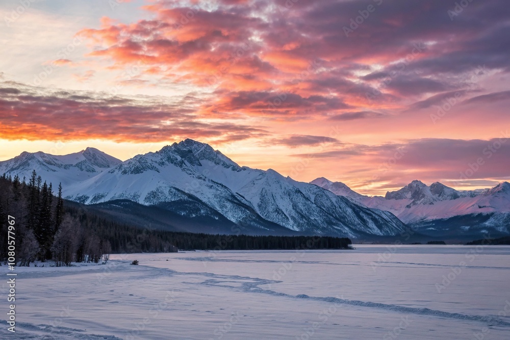 Winter sunset over a frozen mountain range, cold climate, serene landscape, peaceful atmosphere Winter sunset over a frozen mountain range, cold climate, serene landscape, peaceful atmosphere