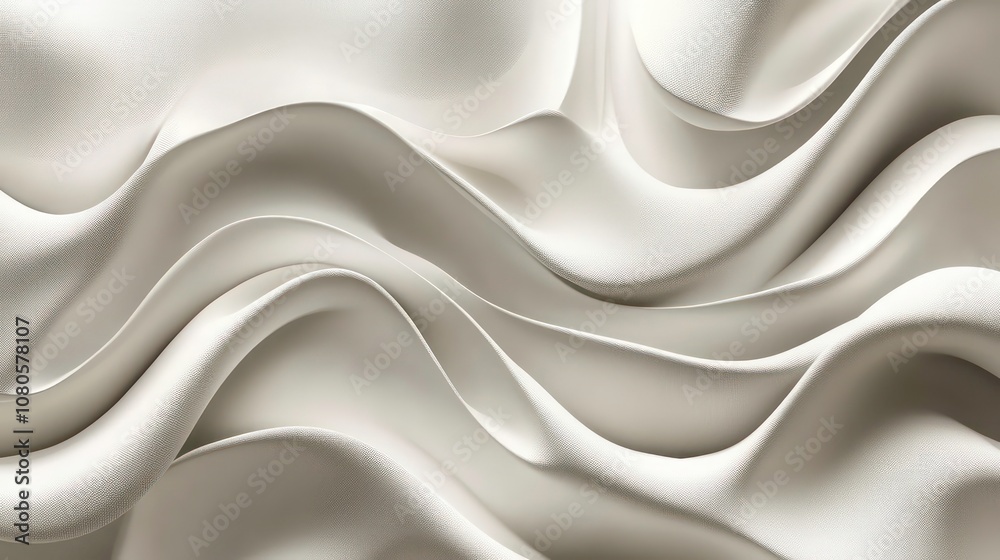 Abstract white flowing fabric background texture with soft waves and curves.
