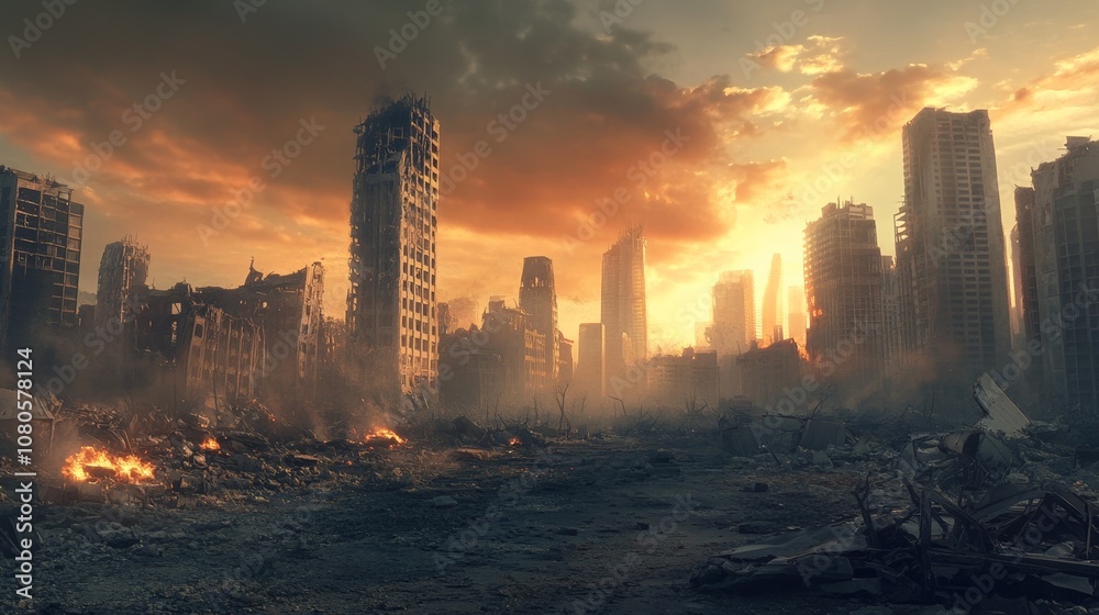 Fototapeta premium Apocalyptic Scene of a Devastated City with Fiery Sky and Ruins