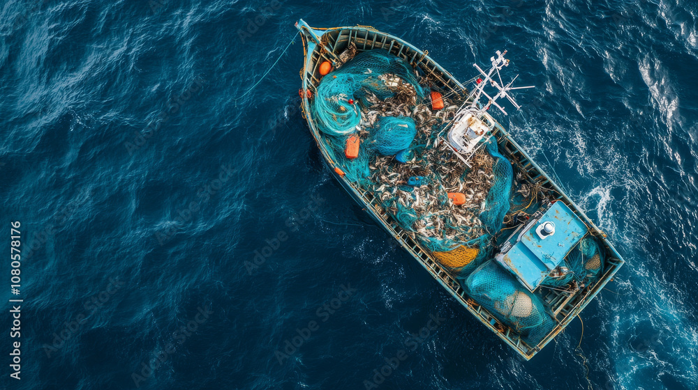Fishing boat on ocean, surrounded by nets and catch, showcasing hard work of fishermen. vibrant blue water contrasts with boats colors, creating striking image Fishing boat on ocean, surrounded by nets and catch, showcasing hard work of fishermen. vibrant blue water contrasts with boats colors, creating striking image