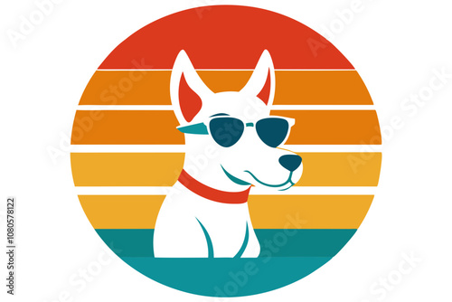 Cool sunset dog wearing sunglasses, illustration, vintage