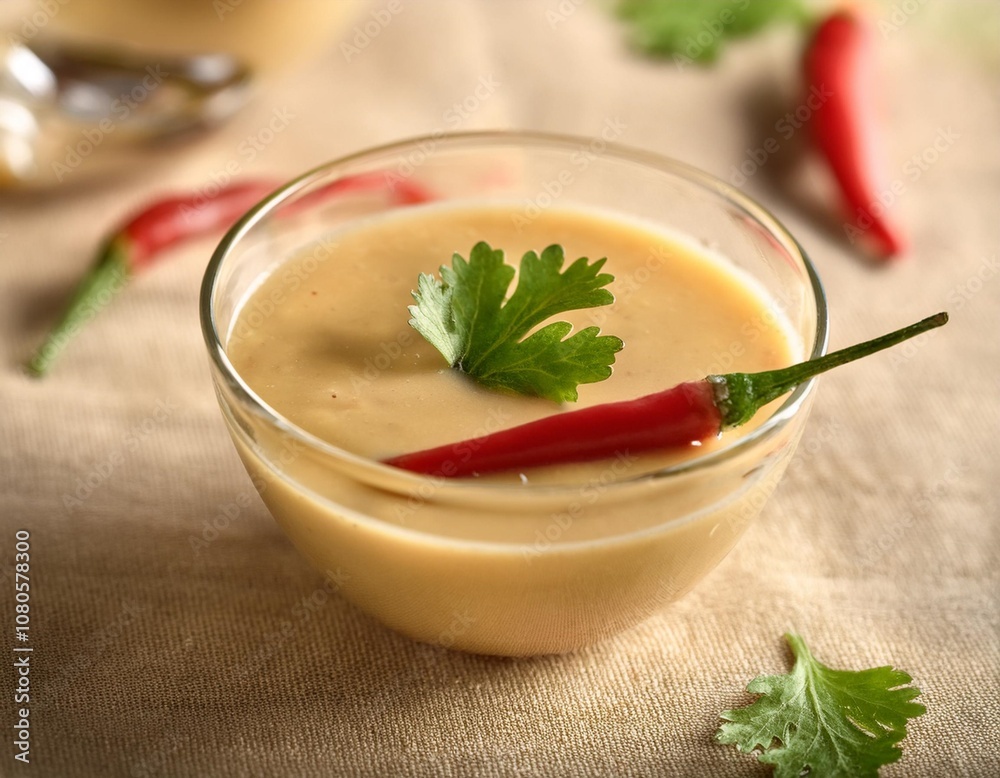 Refreshing Leche de Tigre in a Light Glass Bowl, Paired with Fresh Coriander and Red Chili for a Zesty Peruvian Appetizer, Captured in Soft, Bright Light Refreshing Leche de Tigre in a Light Glass Bowl, Paired with Fresh Coriander and Red Chili for a Zesty Peruvian Appetizer, Captured in Soft, Bright Light